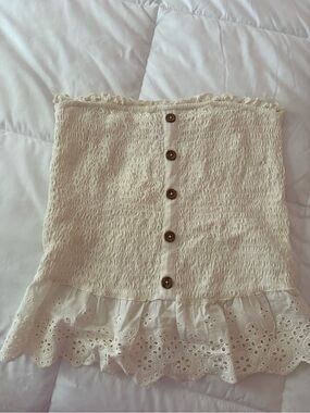 SO Cream Smocked Button-Front Eyelet Ruffle Tube Top